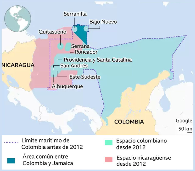 Delimitación marítima, entre Colombia y Nicaragua, tras la resolución en La Haya, en el año 2012. Fuente: CIJ.