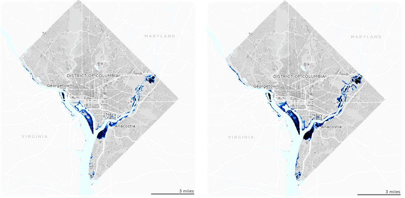 Las proyecciones de inundaciones en Washington, entre el año 2020 y el 2080.