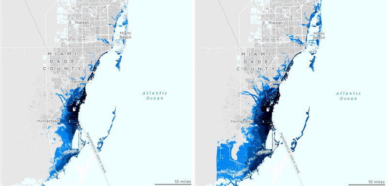 Las proyecciones de inundaciones en Miami, entre el año 2020 y el 2080.