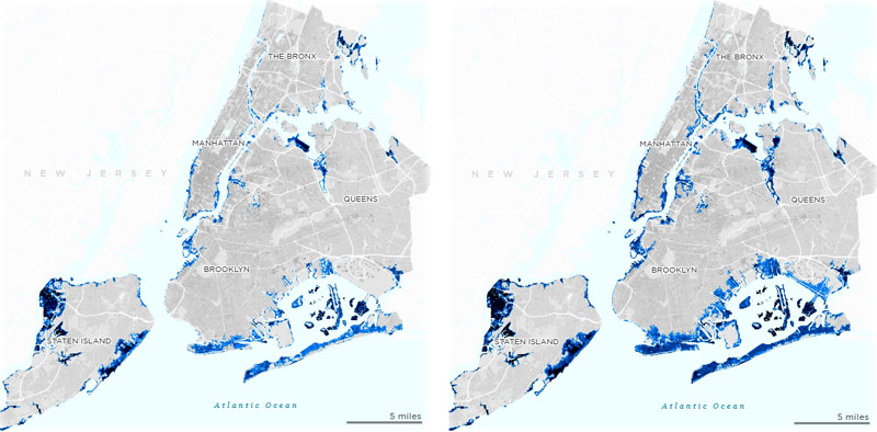 Las proyecciones de inundaciones en Nueva York, entre el año 2020 y el 2080.