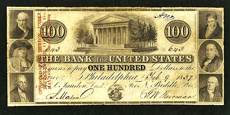 El Primer banco de los Estados Unidos emitió billetes de 100 dólares como este.