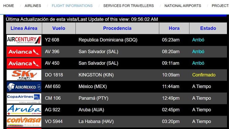 Tablero de llegadas Internacionales de Nicaragua, muestra vuelos chárter, que llegan a Managua desde Cuba.