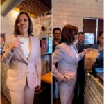 Se ha especulado que Kamala Harris llegó a la arepera, vistiendo un diseño de Carolina Herrera, para estar a tono con el local venezolano.