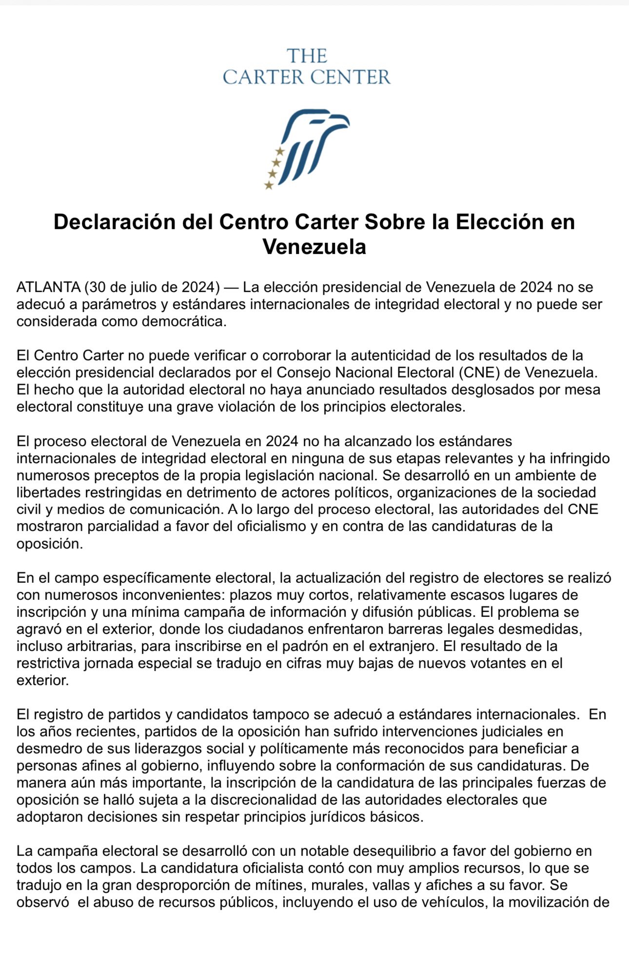 Comunicado Centro Carter