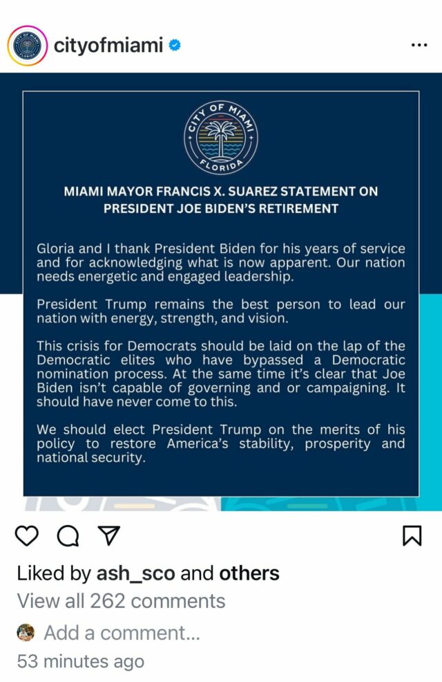 Captura publicación cuenta IG de la Ciudad de Miami